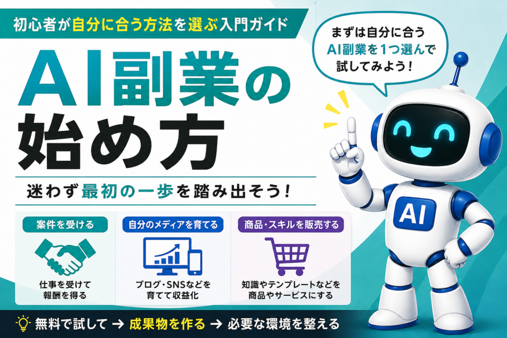 AI副業の始め方を初心者向けに解説し、案件受注・自分のメディア運営・商品やスキル販売の3タイプを紹介するアイキャッチ画像
