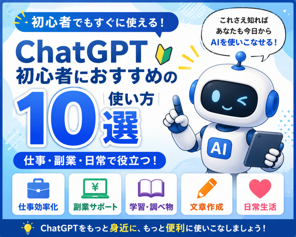 ChatGPT初心者におすすめの使い方10選を紹介する青系のアイキャッチ画像