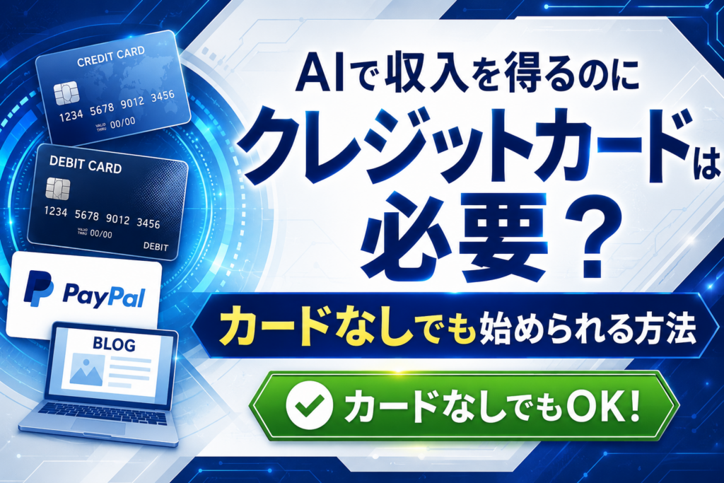 AIで収入を得るのにクレジットカードが必要か、カードなしで始める方法を示すアイキャッチ