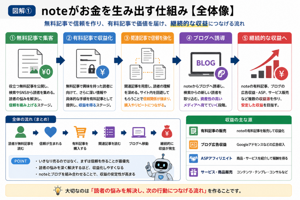 AIで収入を得る方法としてnote収益化の仕組みを解説した図解