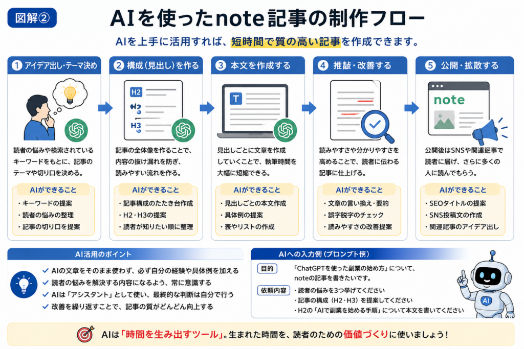ChatGPTを使ったnote記事の作成手順を解説した図解