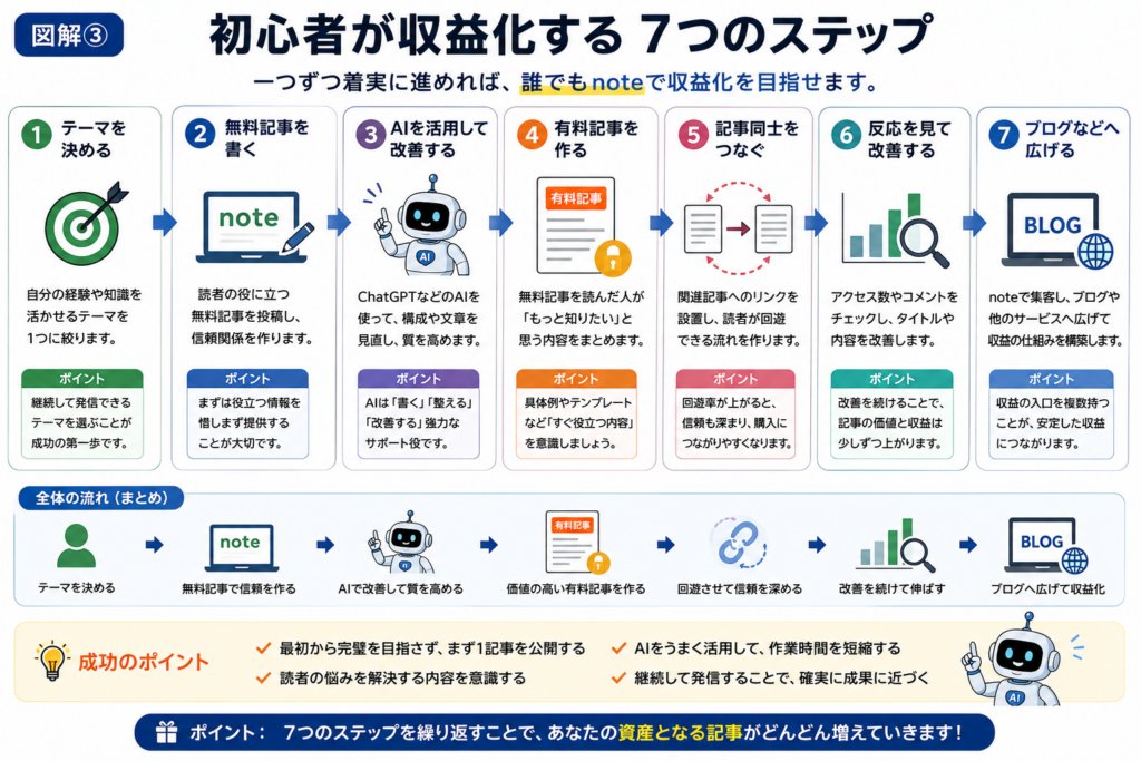 AIを活用してnoteで収益化する7つの手順をまとめた図解