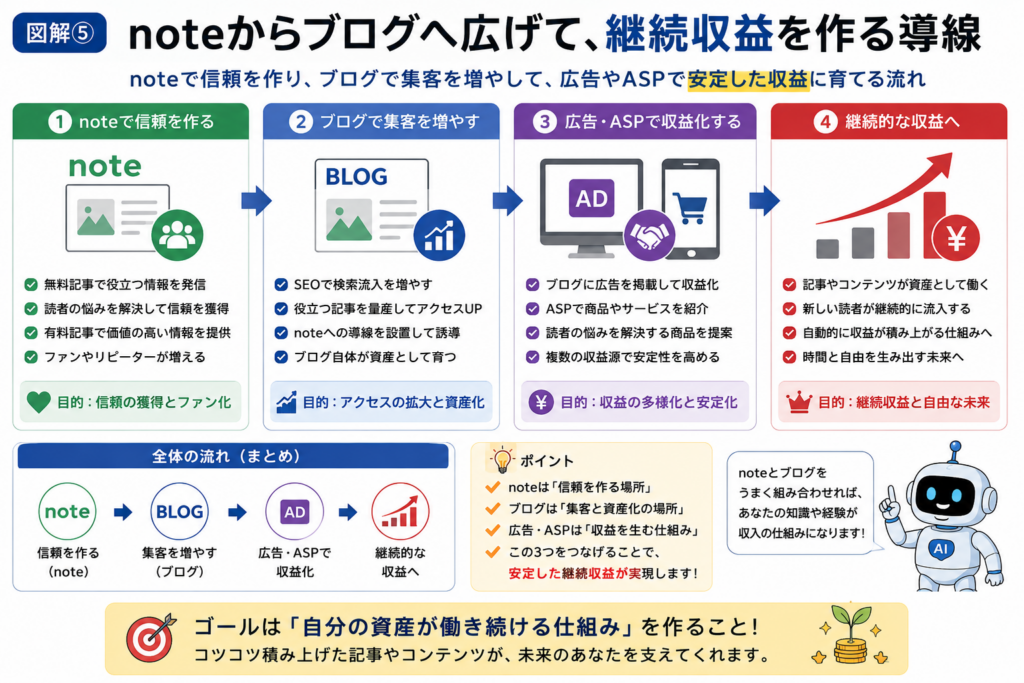 noteからブログへ展開して継続収益を作る導線を解説した図解