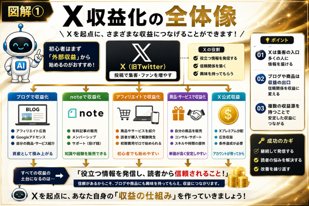 X（旧Twitter）を起点にブログ・note・アフィリエイト・商品販売・X公式収益へつなげる収益化の全体像。