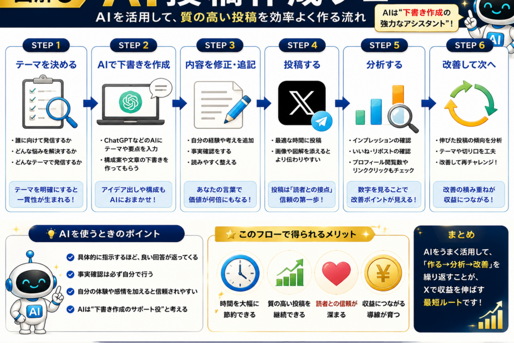 AIを活用したX投稿作成フロー。テーマ決定から投稿、分析、改善までの流れを解説。