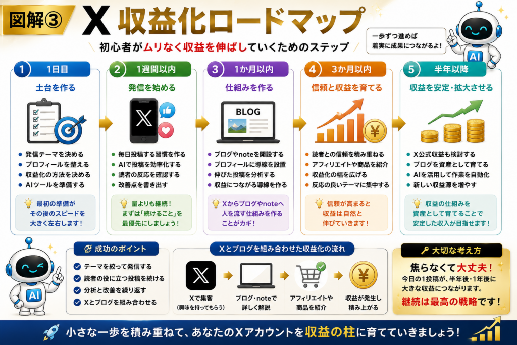 X収益化ロードマップ。初心者が1日目から半年後まで収益化を目指す手順を時系列で解説。