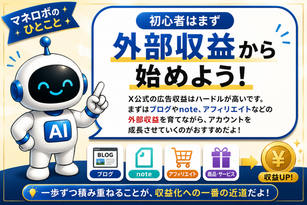 マネロボが初心者はX公式収益より外部収益から始めることをおすすめしている解説画像。