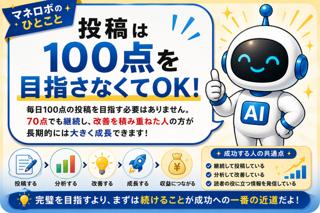 マネロボが100点を目指さず継続と改善を続けることの大切さを伝える解説画像。