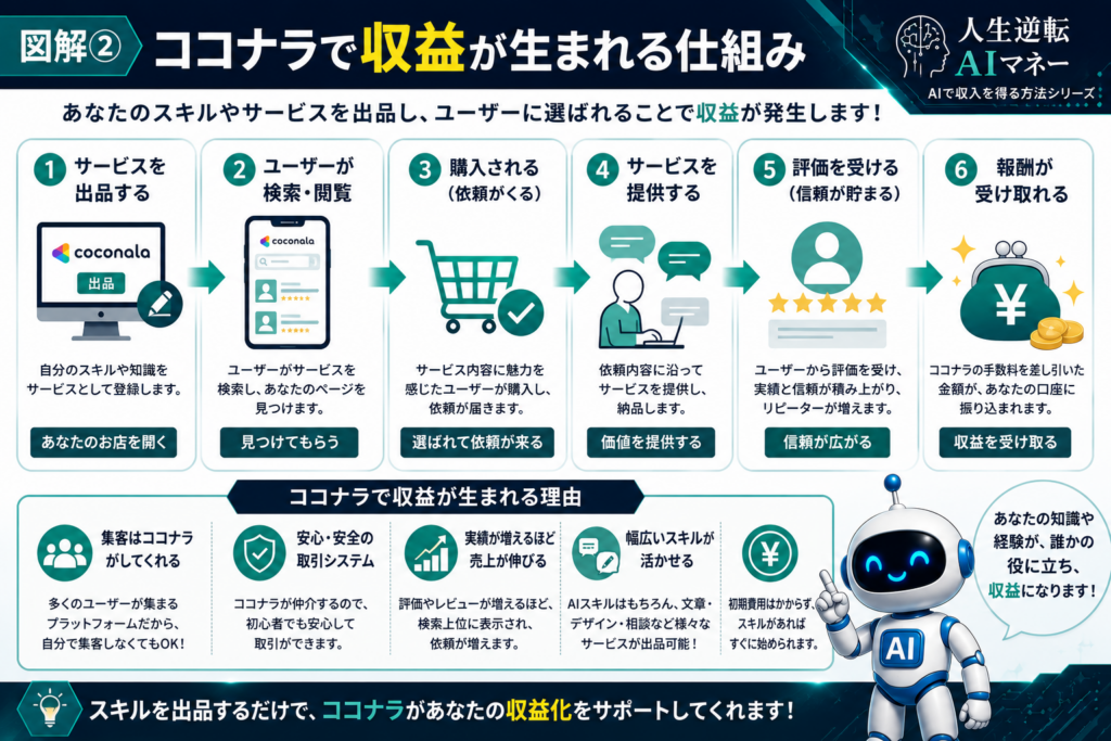 AIを使って初心者でもココナラで収益化できる仕組みを解説した図