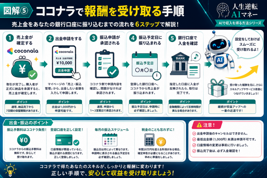ココナラで受注してから納品・評価までの流れを解説した図