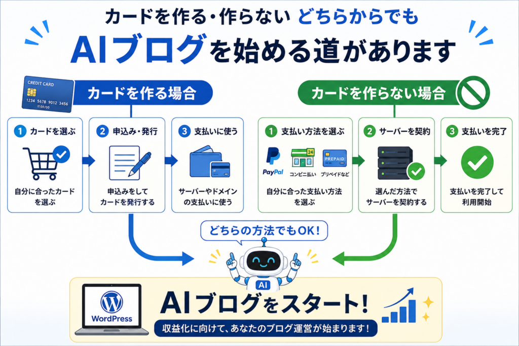クレジットカードを作る場合と作らない場合のどちらからでもAIブログを始められる流れ