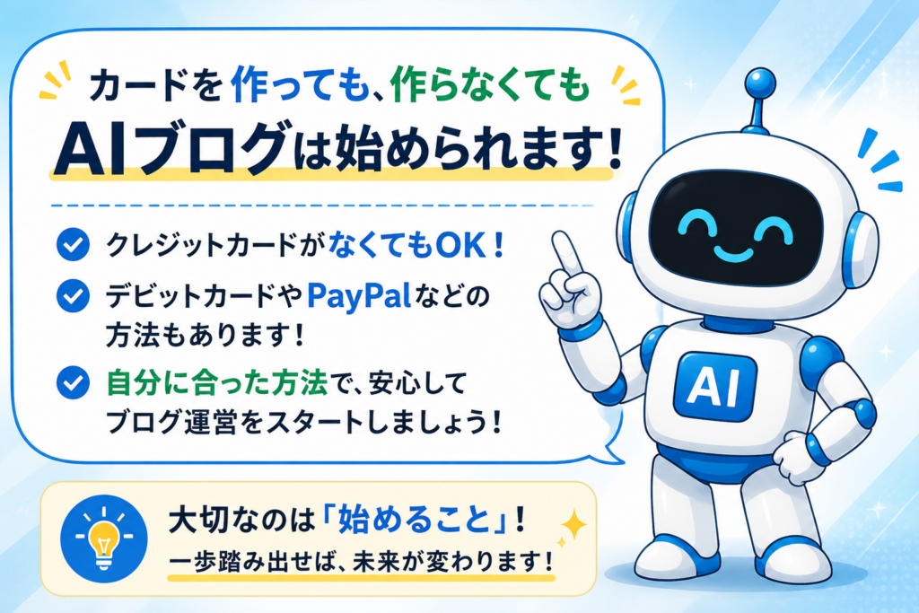 クレジットカードがなくてもAIブログを始められることを案内するマネロボ