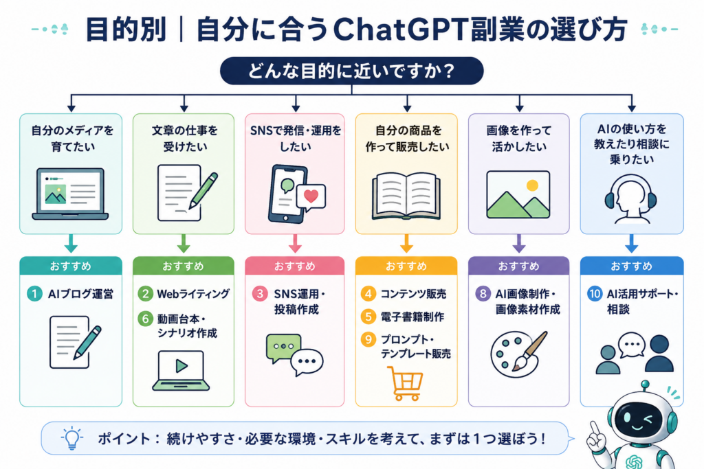 目的別にChatGPT副業を選ぶ方法を、AIブログ、Webライティング、SNS運用、コンテンツ販売、AI画像制作、AI活用サポートに分けて示した図解