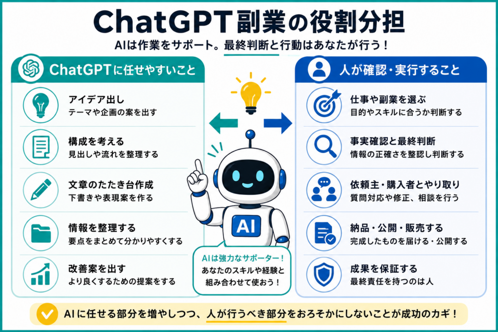 ChatGPTに任せやすい作業と、人が確認・実行する作業の役割分担を示した図解
