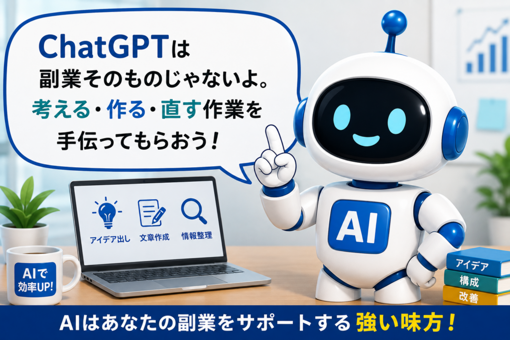 ChatGPTは副業そのものではなく、考える・作る・直す作業を支援する道具だと伝えるマネロボ