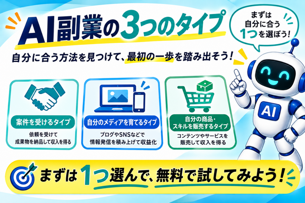 AI副業を案件受注型、自分のメディア運営型、商品・スキル販売型の3タイプに分けて示した図解