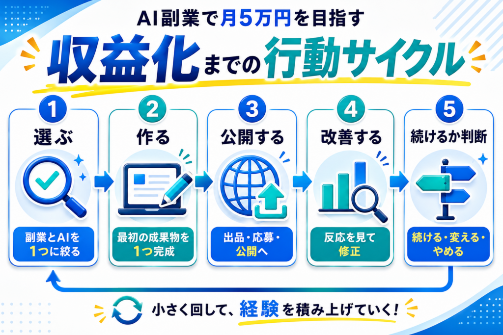 AI副業で収益化を目指す5つの行動サイクルを示した図解