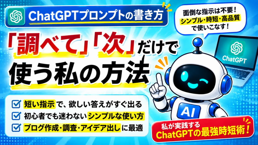 ChatGPTプロンプトの書き方を「調べて」「次」だけで使う方法として紹介するアイキャッチ画像