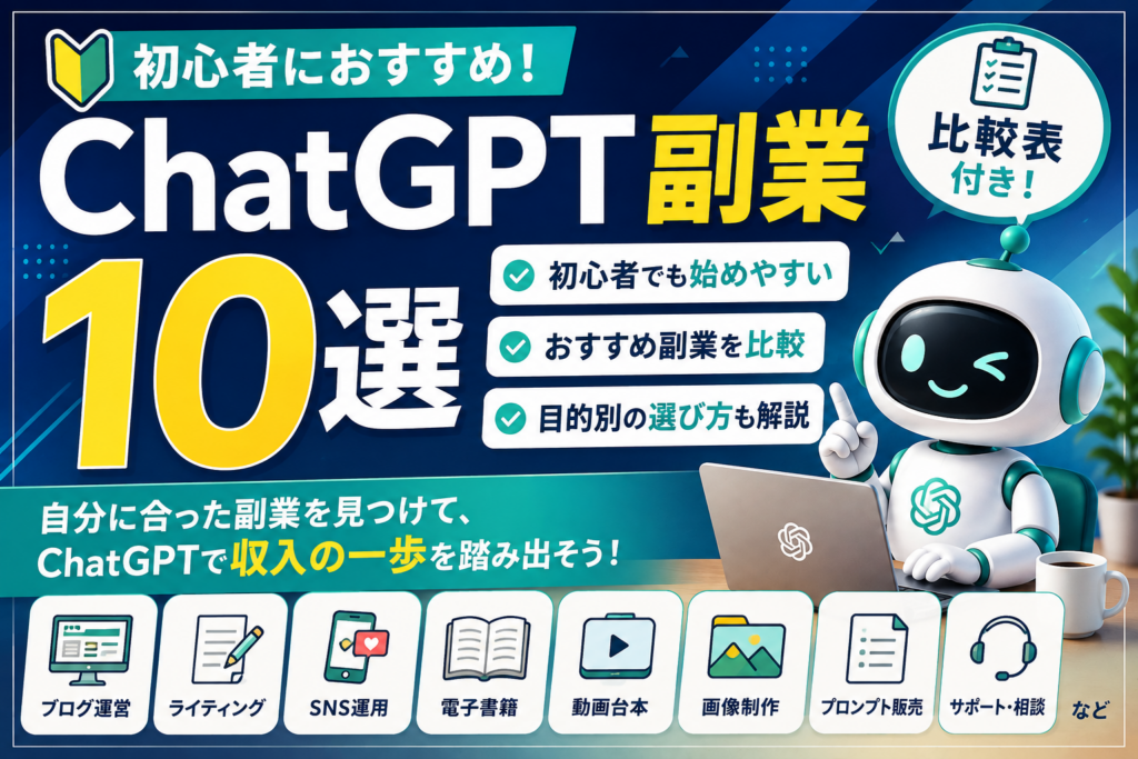 ChatGPT副業おすすめ10選を初心者向けに比較し、自分に合う副業を選ぶ記事のアイキャッチ画像