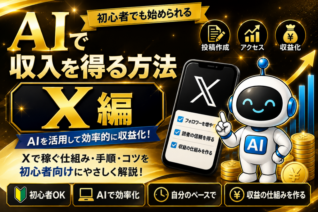AIで収入を得る方法【X編】のアイキャッチ画像。AIを活用してX（旧Twitter）で収益化する方法を初心者向けに解説。