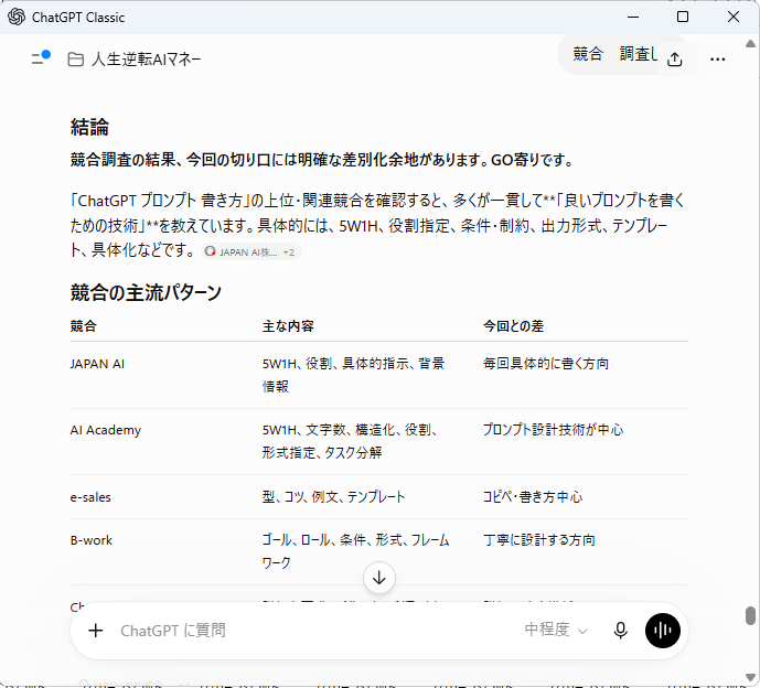 ChatGPTに「競合 調査して」と短く入力して競合分析を依頼した実際の会話画面