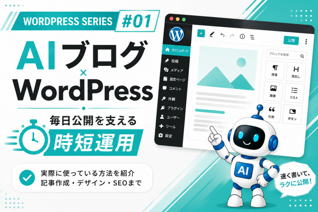 AIブログとWordPressを組み合わせて毎日記事を公開する時短運用を紹介するWORDPRESS SERIES #01のアイキャッチ画像