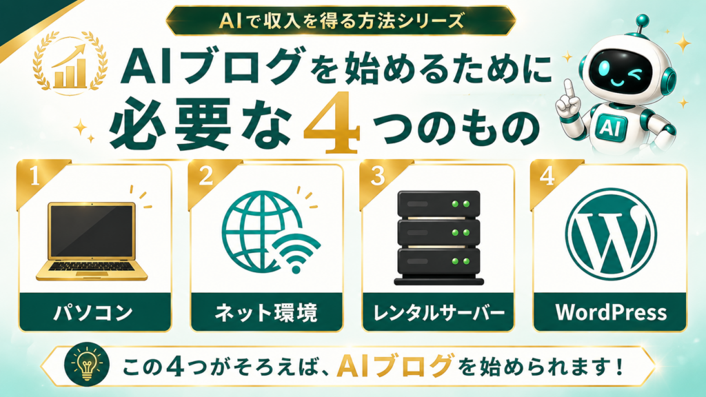 AIブログを始めるために必要なパソコン、ネット環境、レンタルサーバー、WordPressの4つをまとめた図解