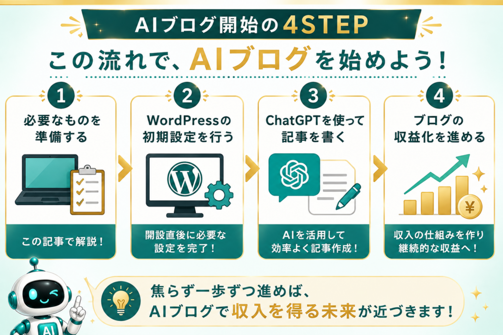 AIブログ開始の流れを、準備、WordPress初期設定、ChatGPTで記事作成、ブログ収益化の4STEPで示した図解