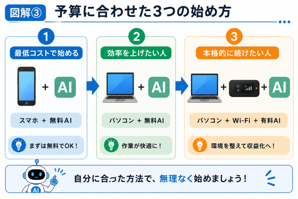 AIブログを最低コスト、効率重視、本格運用の3パターンから予算に合わせて始める方法