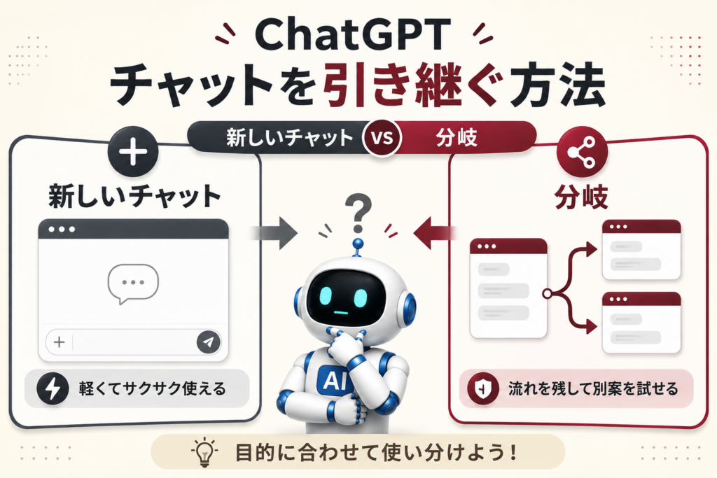 ChatGPTの新しいチャットと分岐の使い分けを比較した図解