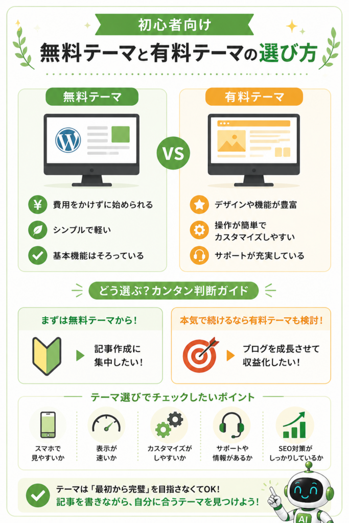 WordPressの無料テーマと有料テーマの違いと選び方を比較した図解