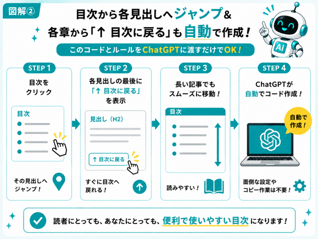 WordPressの目次から各見出しへジャンプし、各章から目次へ戻る仕組みをChatGPTで自動作成する図解