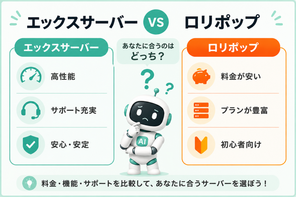 エックスサーバーとロリポップの違いを比較する図解