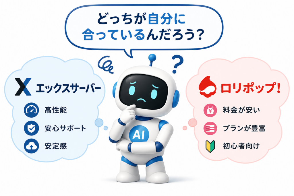 エックスサーバーとロリポップのどちらが自分に合うか悩むマネロボ