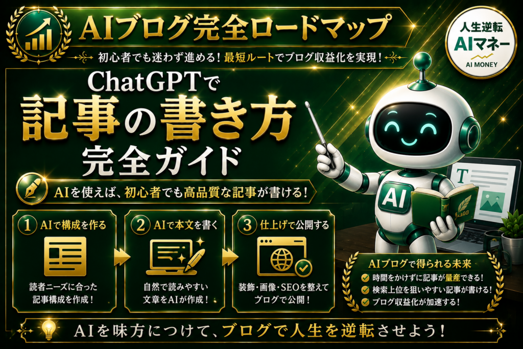 ChatGPTでブログ記事を書く方法を初心者向けに解説したアイキャッチ画像。AIを活用した記事作成からWordPress公開までの流れを紹介。