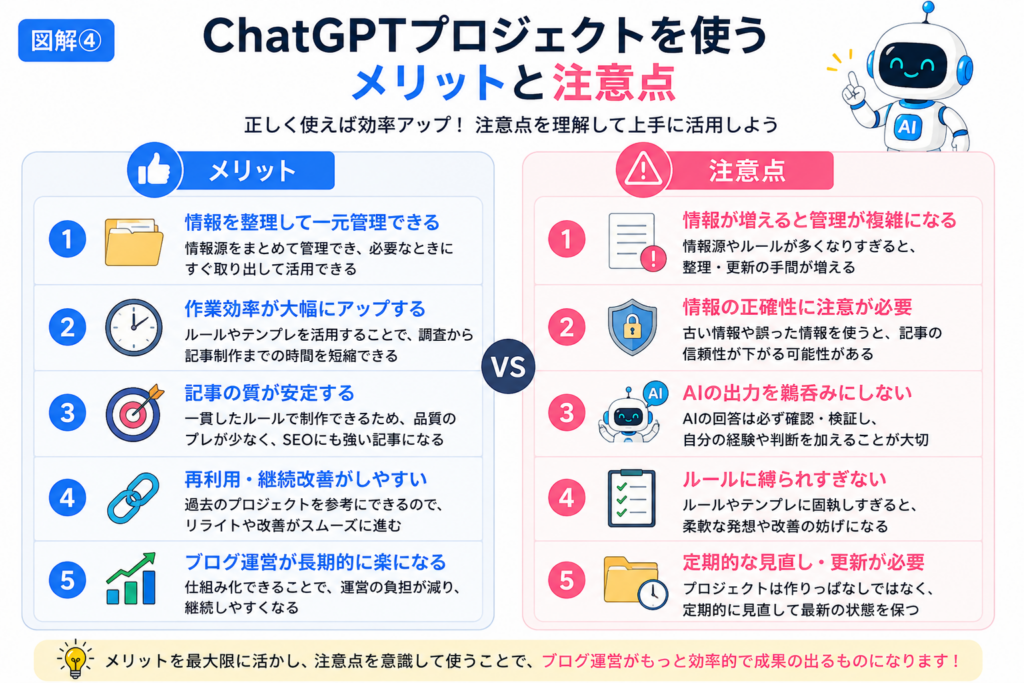 ChatGPTプロジェクトを使うメリットと注意点を比較した図解