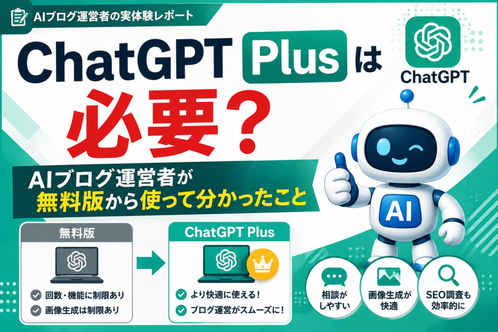 ChatGPT Plusは必要か、AIブログ運営者の実体験をもとに解説するアイキャッチ画像