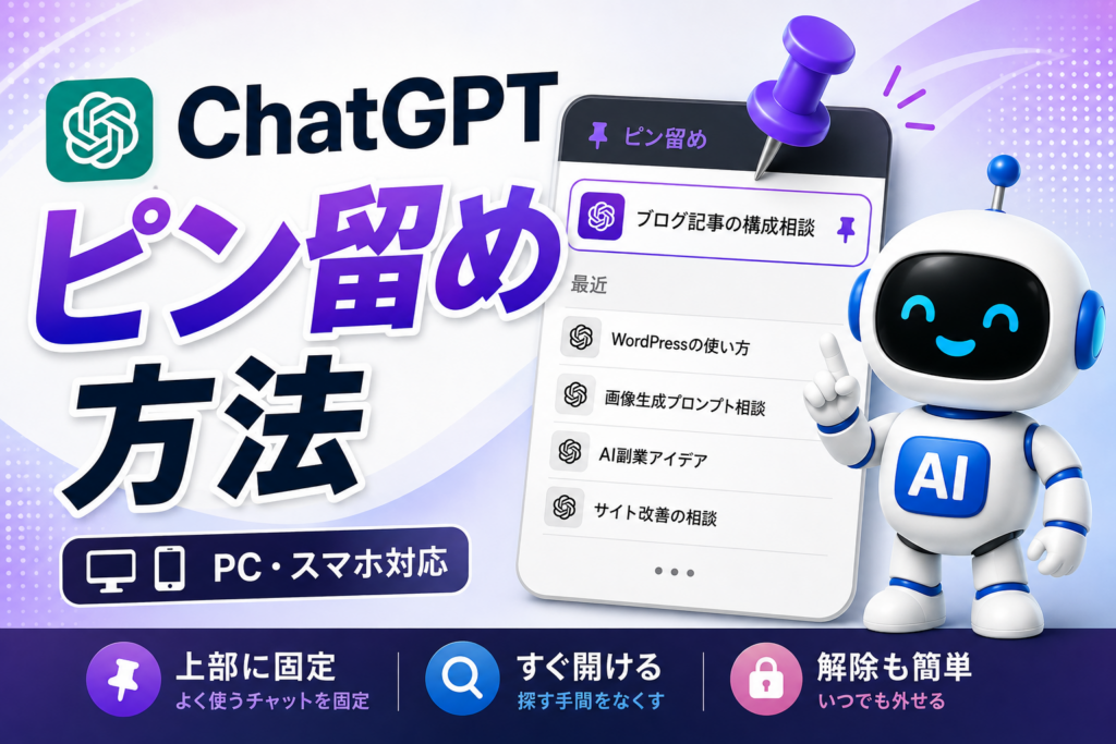 ChatGPTのピン留め方法をPC・スマホ対応で解説するアイキャッチ画像