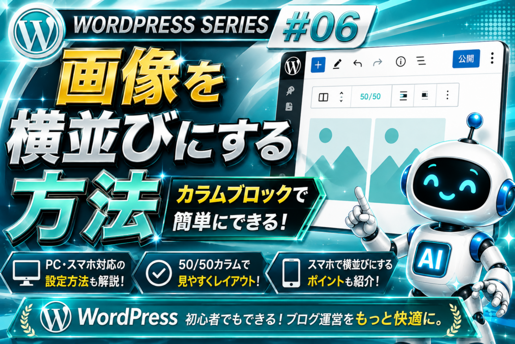 WordPressで画像を横並びにする方法をカラムブロックで解説するアイキャッチ画像