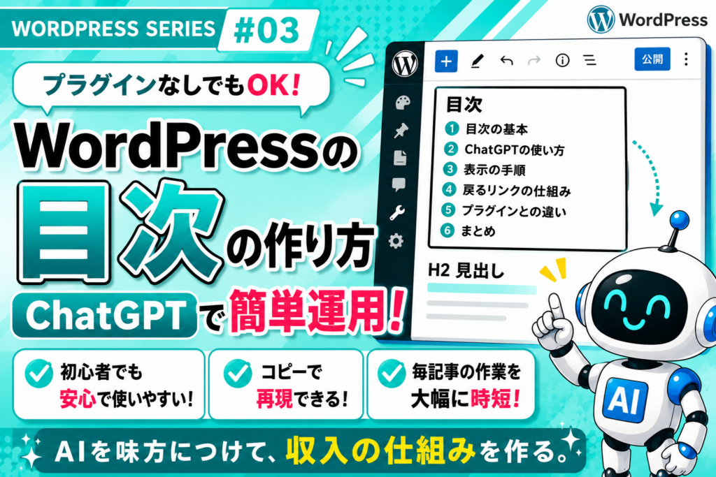 WordPressの目次をプラグインなしで作成しChatGPTで目次ジャンプと目次に戻る導線を時短する方法を紹介するWORDPRESS SERIES #03のアイキャッチ画像