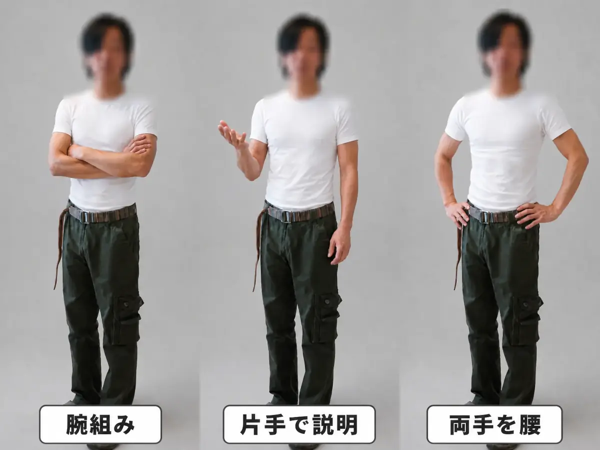 AIポーズ変更で人物写真を腕組み・片手を上げる・両手を腰に当てるポーズへ変更した比較