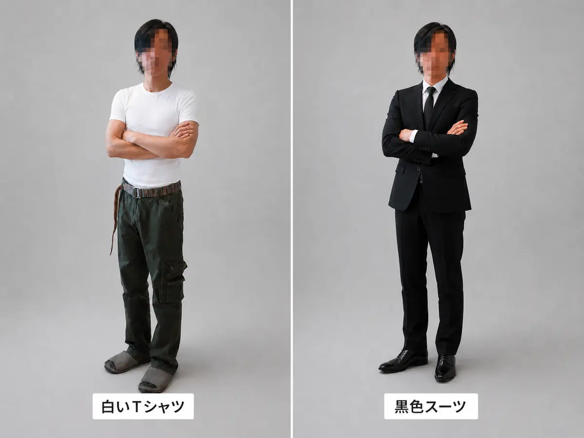 ChatGPTで人物写真の服装を白いフィットTシャツと黒色スーツへ変更した比較