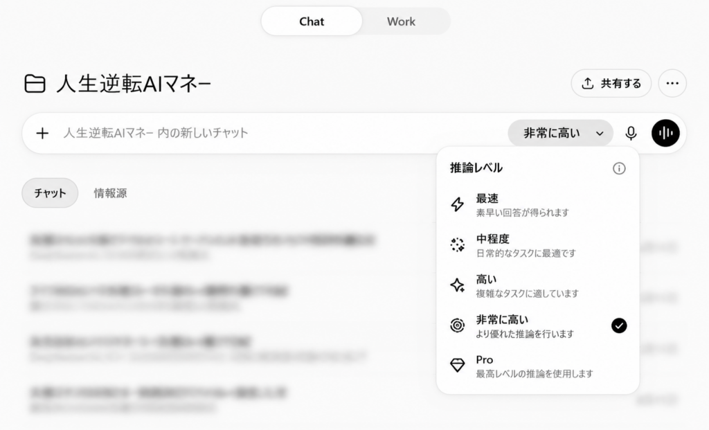 ChatGPTの推論レベルで最速・中程度・高い・非常に高い・Proを選択する画面
