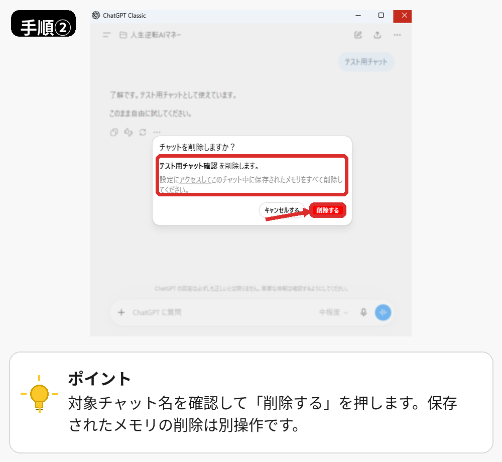 ChatGPTのPCアプリでチャット履歴の削除を確認する画面