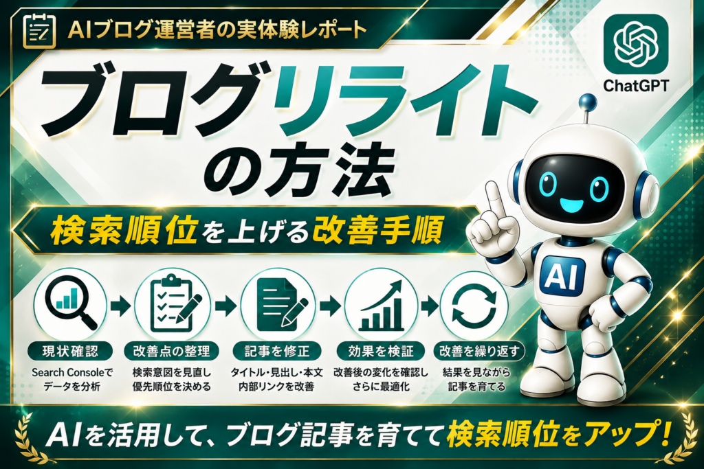 AIブログ運営で実践しているブログリライトの方法と検索順位を上げる改善手順のイメージ