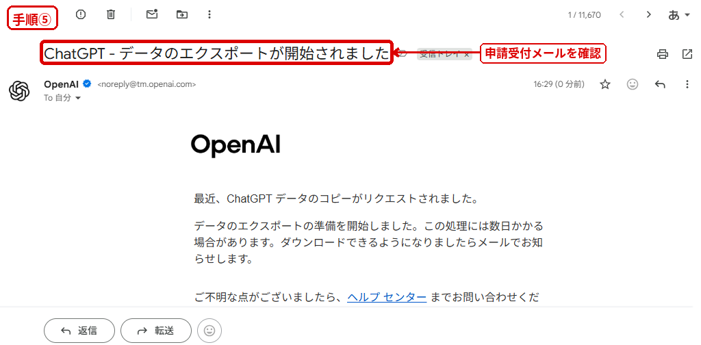 ChatGPTのデータエクスポート申請後に届いた受付メール