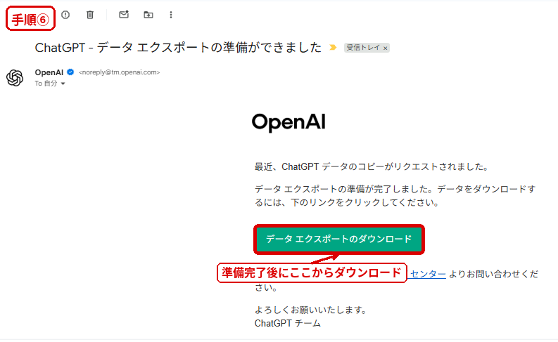 ChatGPTのデータエクスポート準備完了メールとダウンロードボタン
